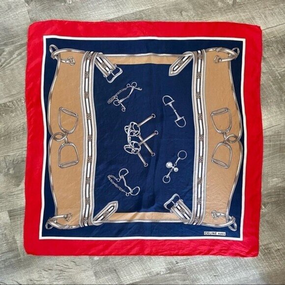 Celine Paris Silk Scarf Equestrian Style Red - Picture 1 of 6